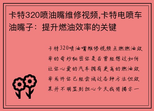 卡特320喷油嘴维修视频,卡特电喷车油嘴子：提升燃油效率的关键